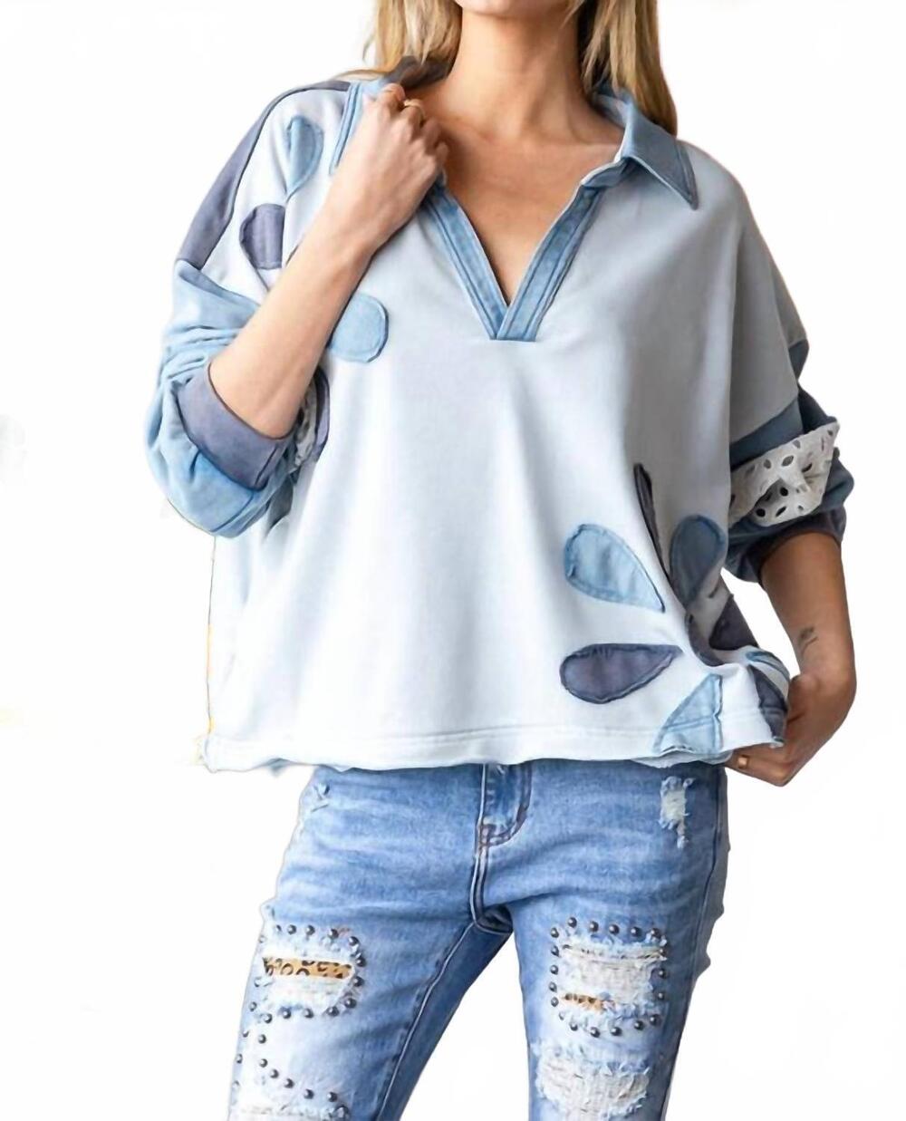 NEW OLI & HALI collared top with eyelet lace in blue